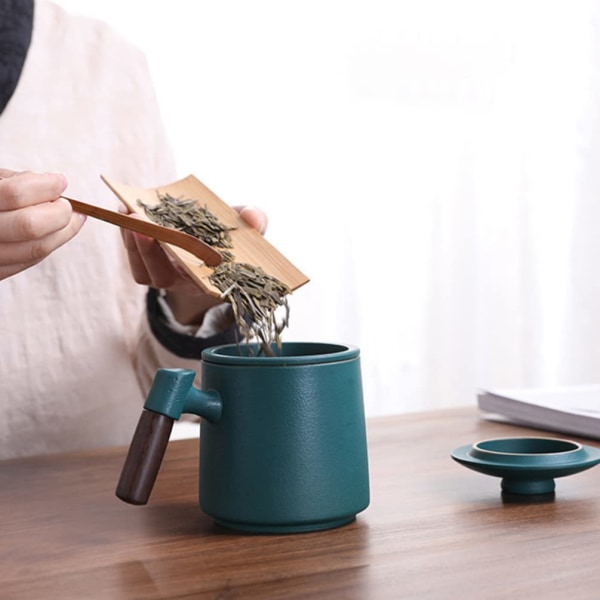 Keramisk Tekopp med Te-infuser og Lokk Tekrus Kopper i Trehåndtak Pottetekopp med Filter Kaffe Krus Melkekrus, 400ml