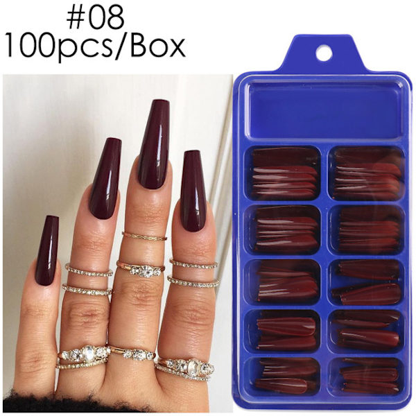10 storlekar kistformade ballerinafalska nagelspetsar - 100 st/låda fullständiga naglar för DIY akryl nagelkonst #8 #8