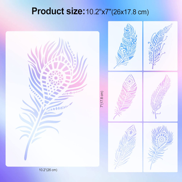 6 stk. Mandala fjer stencils til maling på træ (26x17,8 cm)