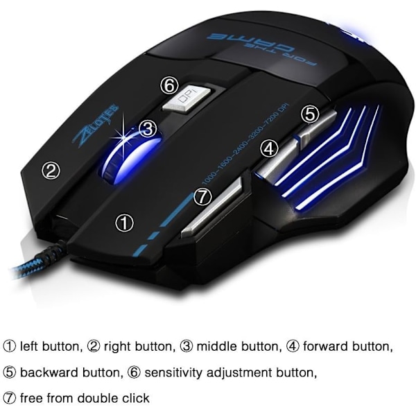 Ledningsforbundet gaming mus, 2400 DPI, 7 knapper ergonomisk mus, USB optisk mus, computermus, ledningsforbundet mus til PC, bærbar, sort