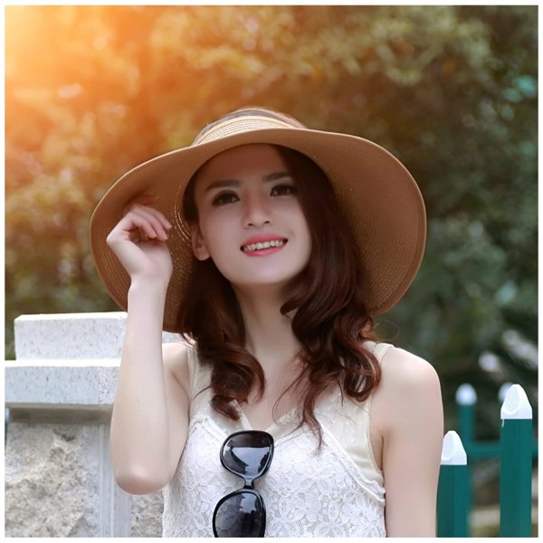 Hat Sun Visor Hat with Wide Brim for Women Ladies Foldable Cap Ponytail Beach Hat with A Storage Bag for Summer Beige