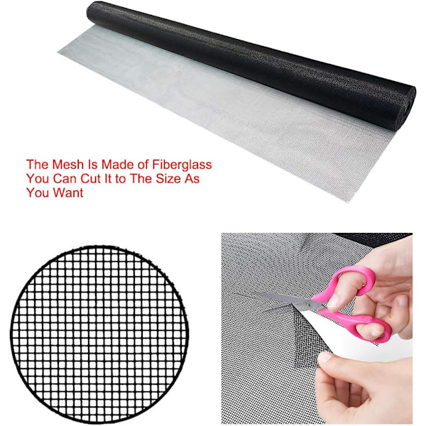 FIBERGLASS VINDU SCREEN NETTING MESH GARDIN, DIY SELVKLIPPANDE VINDU NETT SCREEN, TILPASSET FLERE VINDUER (SVART, 100x100cm)