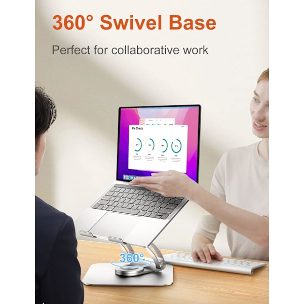 Justerbart laptopstativ til skrivebord, ergonomisk laptopholder med 360° roterende base - Sølv