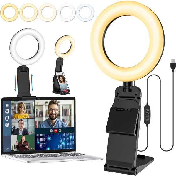 5'' Laptop Selfie-ringlys med stativ - Mini skrivebord LED-telefonringelys med dimbar 5 moduser 10 lysstyrkenivå for sminkestreaming webkamera