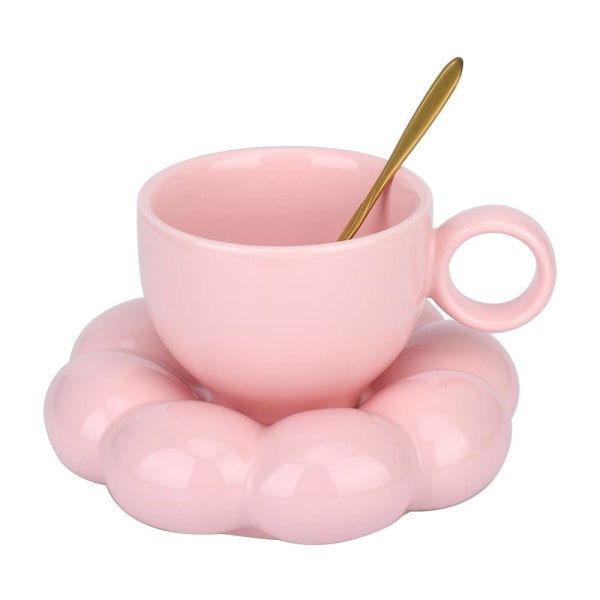 Keramisk kaffemugg, molnkaffekopp och set, mugg med sked och underlägg, lattekoppar 6,7 oz/200 ml (rosa)