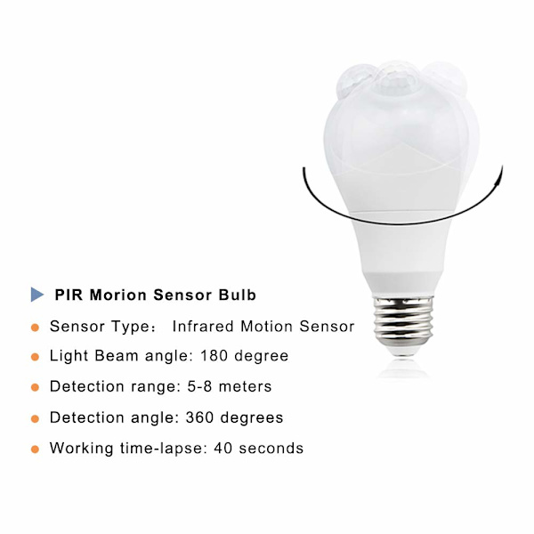 5W E27 LED-pære med PIR-bevegelsessensor (2 stk., varm hvit 3000K)