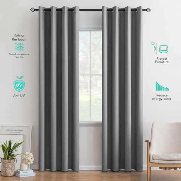 Sæt med 2 mørklægningsgardiner, termo-isolerede, anti-UV, solbeskyttelse, dekoration til stue, køkken, soveværelse 132X160CM (LXH) Grå