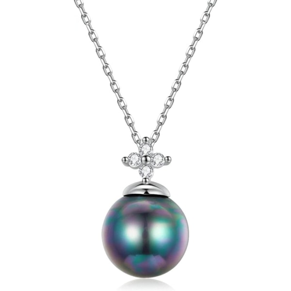 925 Sterling sølv elegant sort perle halskæde; Shell perlehalskæde, fine smykker til kvinder, One Size, Sterling sølv, ædelsten