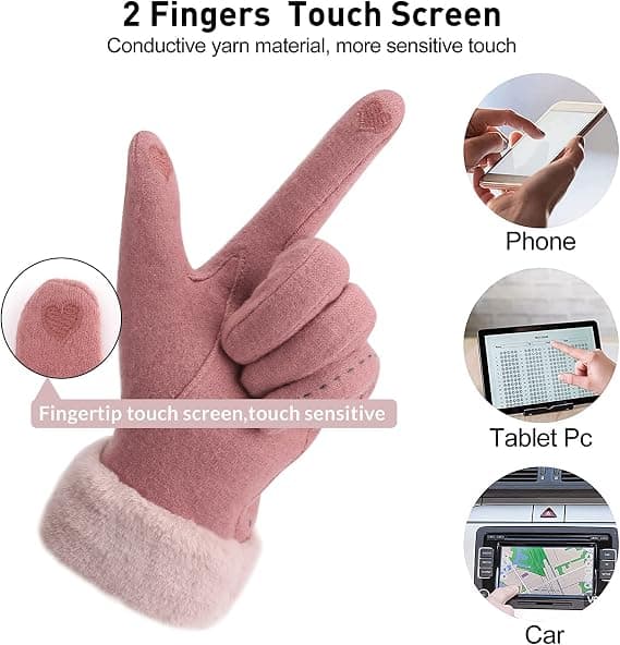 Vinterhandskar för kvinnor med pekskärm, ull, fleecefoder, tjocka och varma Pink