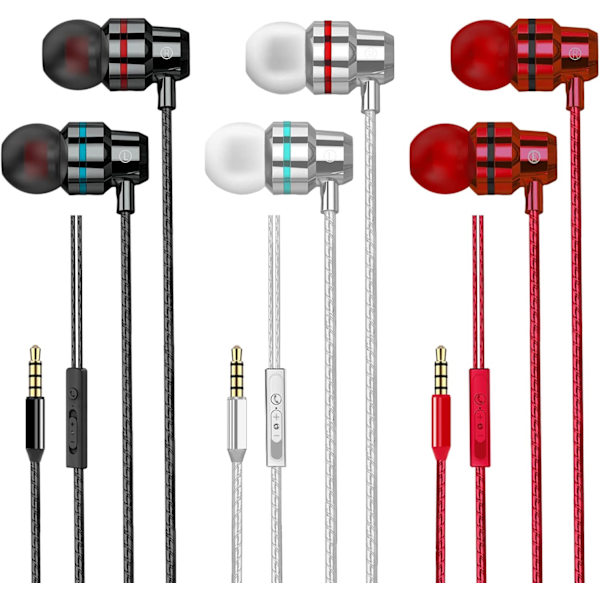 3-pack Trådbundna In-Ear Hörlurar med Mikrofon och Volymkontroll, Brusisolerande Djup Bas Lätta Hörlurar