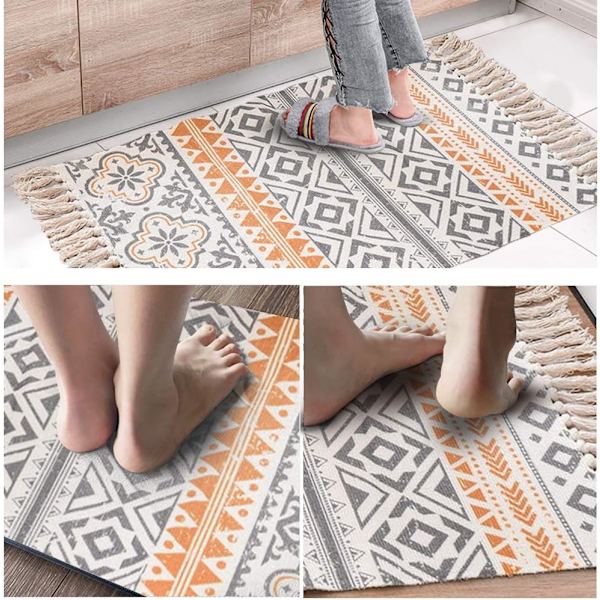Boho badrumsmatta, 2' X 3' Modern geometrisk Boho-matta, Bomulls vävda tofsar mattor, Maskintvättbar bohemisk matta badmatta