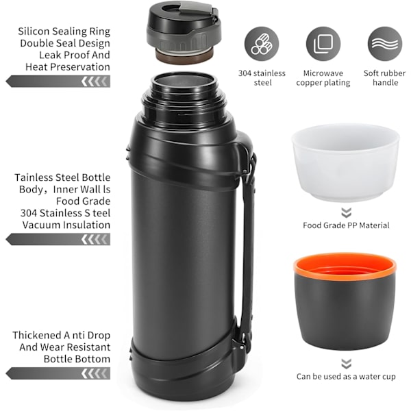 2,5 l Isolerad Termosflaska i Rostfritt Stål för Resor med BPA-Fri Mugg - Stor Vakuumflaska black