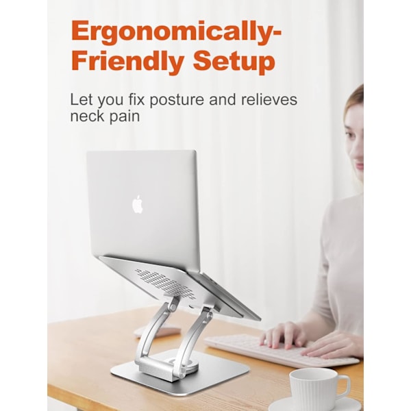 Justerbart laptopställ för skrivbord, Ergonomiskt laptopfäste med 360° roterande bas - Silver