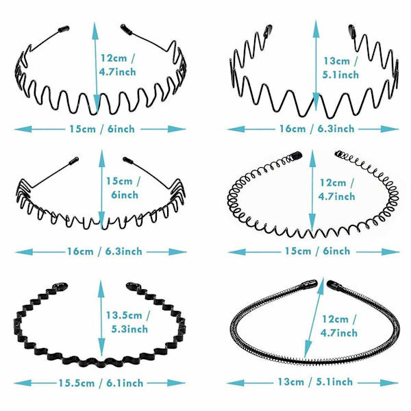 Bølget hårbøjle - Elastisk bølget fjeder - Multi-style sort skridsikker metal, unisex sport mode hårbånd tilbehør til kvinder og mænd (6 stk.)