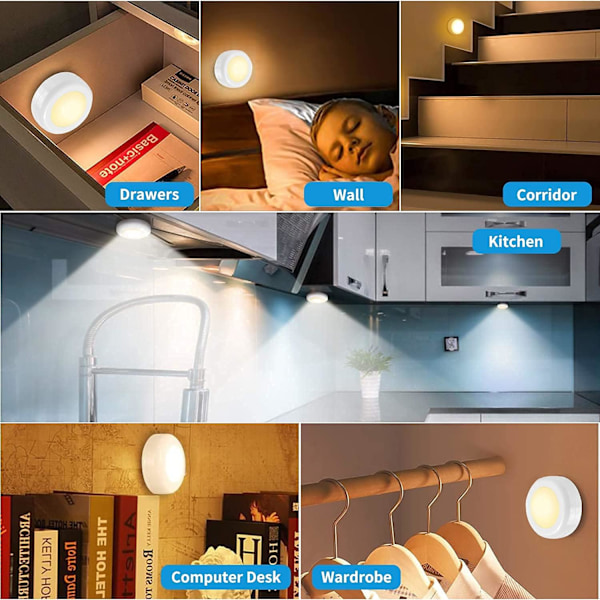 Puck Lights med fjernbetjening, dæmpbar tryklygte, batteridrevet med timer, justerbart dagslys og varmt hvidt natlys