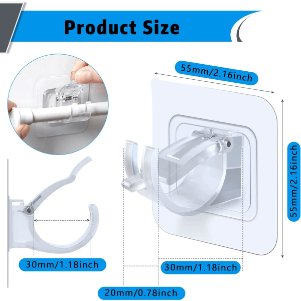 Pakke med 4 gardinstangsholdere uden boring, gennemsigtig gardinstangsholder, selvklæbende badeværelses fast stangholder