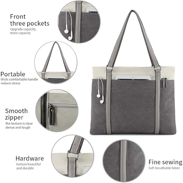 Laptopveske for kvinner, lett totebag i kanvas med spleisedesign for 15,11-tommers laptoper Grey