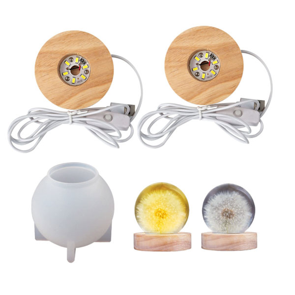 Rund Lysende Harpiksform, DIY Kugle Silikone med Lampeholder, LED Epoxy Harpiksform Belyst Træbase, Natlys Harpiks Kunst Dekoration