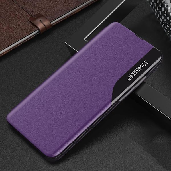 Transparent Fönsterfodral med Magnetisk Stängning PC + PU Läder Bokstil Flip Ställfunktion Stötsäkert Skyddsfodral för Samsung S23 purple S23