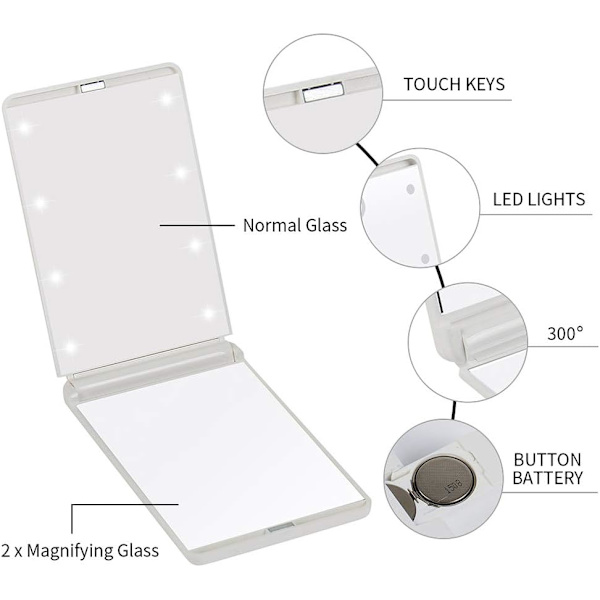 Bärbar LED-upplyst sminkspiegel med 8 dimbara LED-lampor, Touch-switch rese-sminkspiegel, Vikbar kompakt spegel 1X & 2X förstoring