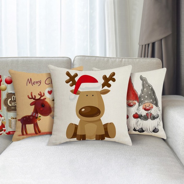 Juleputetrekk 45x45cm, Sett med 4 Juledekorative Sofa i Bomull og Lin
