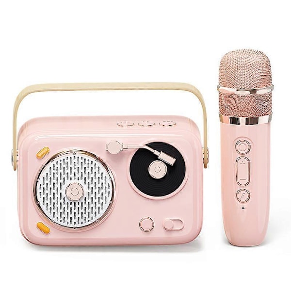 Retro Bærbar Bluetooth Karaoke-høyttaler, med 1 Trådløs Mikrofon, Rosa