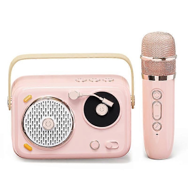 Retro Bärbar Bluetooth Karaokehögtalare, med 1 Trådlös Mikrofon, Rosa
