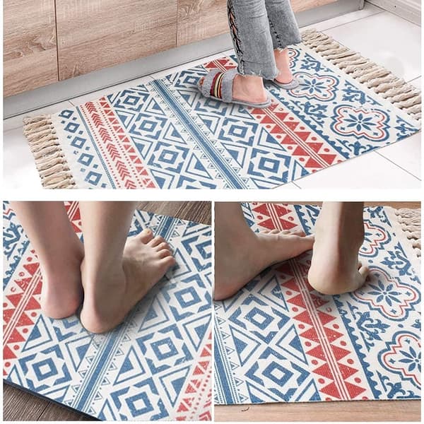 Boho baderomsteppe, 2' X 3' moderne geometriske boho-tepper, bomullsvevde dusker tepper, maskinvaskbare bohemske teppe badematte