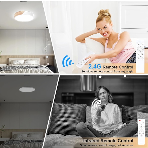 Taklampe i tre, dimbar taklampe 3000K-6000K, fjernkontroll LED taklampe, 18W moderne lampe, 30CM, hvit