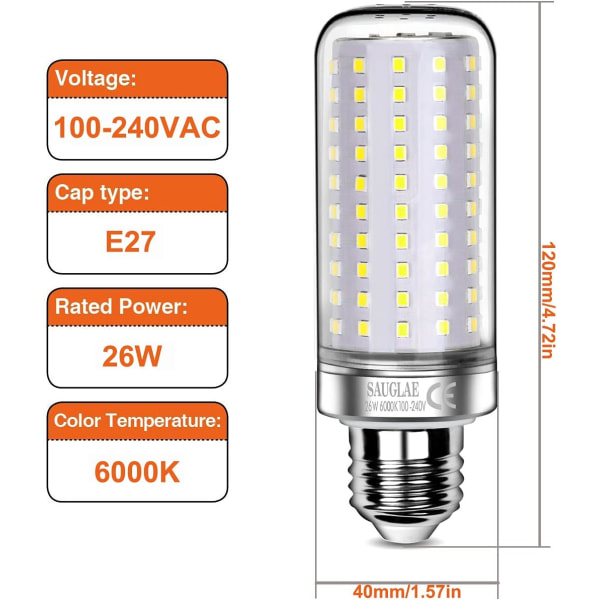 26W LED-pærer, 200W, 3000Lm, 6000K koldt hvidt, E27, 3-pak