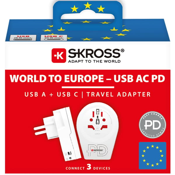 USB-A/USB-C 20W jordet adapter til Europa 144
