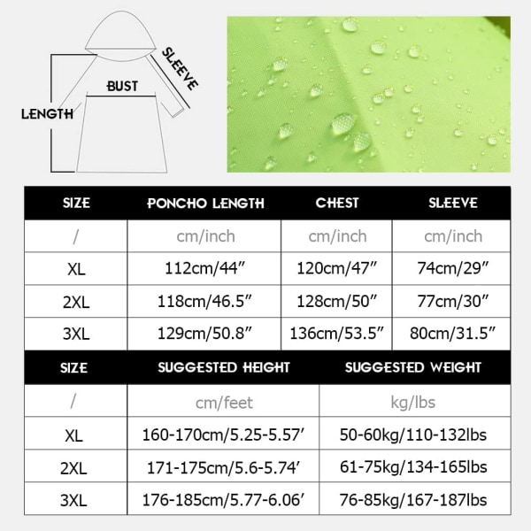 Regnfrakk for voksne Lang vanntett regnjakke Gjenbrukbar med reflekterende tape Lett pustende voksen, XXL