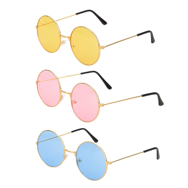 3-paknings hippiesolbriller – runde solbriller med metallinnfatning Retro sirkelbriller for fancy dress hippiekostymetilbehør (rosa, blå, gul)