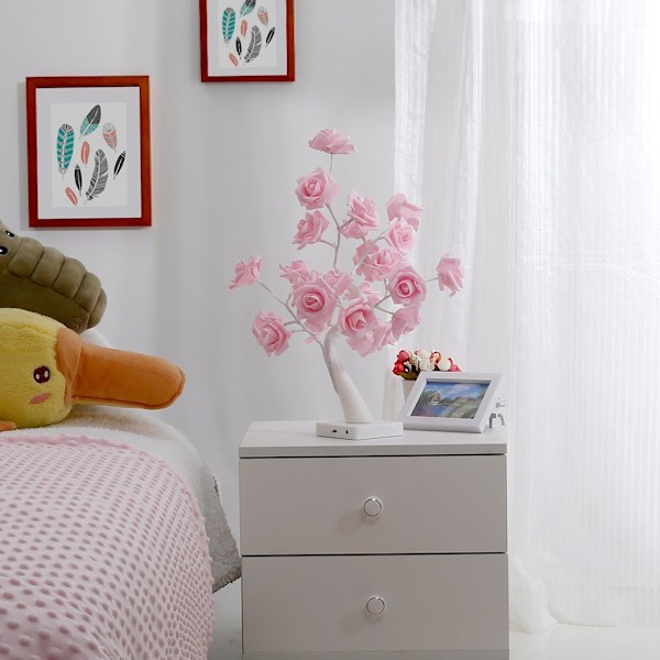 24 LED Pink Rose Bordlampe Batteri eller USB Strømforsynet