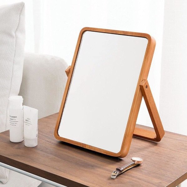 Spejl Stort bærbart kosmetikspejl, Super HD Bordspejl Makeup Spejl Multi Stand Vinkel Håndfri/Stående/Bordplade Foldbar 360° Drejelig Bambus