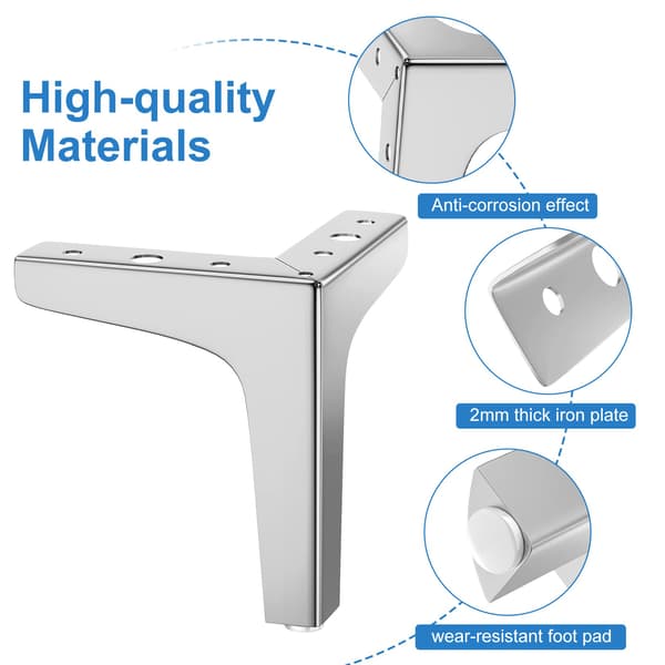 Möbelben Set om 4, Max 800kg, Moderna Triangulära Metallbordsben 10cm, Hårnålsformade Möbelben, Soffa med 16 Skruvar och 4 Benskydd, Silver