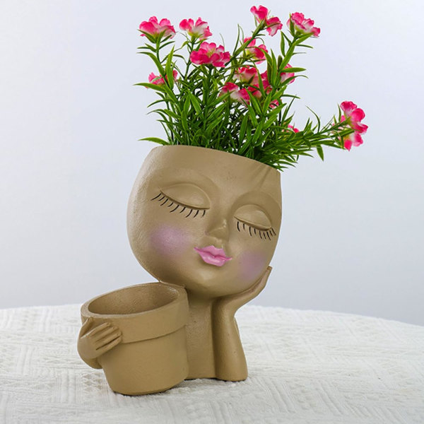 Gesich Flower Pot Face Plant Pot Mehikasvit Istutuskoneet Söpö hartsikaktusistutuskone tyhjennysreiällä Söpö nainen Patsas koristelu Plan Pot Lahja (khaki)