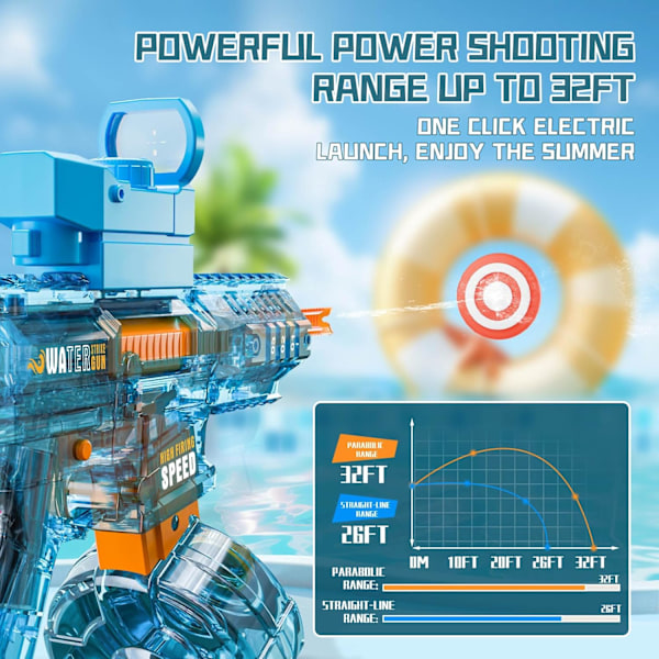 Elektrisk vattenpistol, automatisk vattenabsorption. Elektrisk vattenpistol med 500 ml vattentank och räckvidd upp till 10 meter. Vattenpistol för pool och strand (Blå) blue