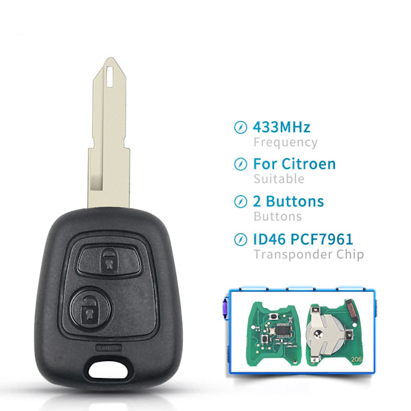 Heart Horse 2 Knapper 433MHz Bilnøkkel Fjernkontroll Nøkkelhus for Peugeot 206 med ID46 Chip og NE73 Blad