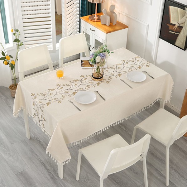 Beige Rektangulær Flekkbestandig Duk Vaskbar Bomull og Lin Bordduk med Brun Bladbroderi & Frynser 140 x 180 cm