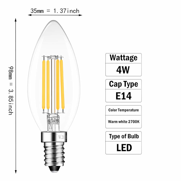 4W LED-kynttilälamput Lämmin valkoinen 2700K - Pieni ruuvikynttilälamppu - 4W vastaa 40w - 2 kpl