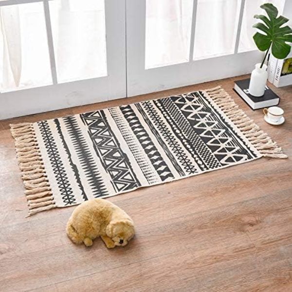 Teppe, Boho-teppe med dusker Vevde vaskbare bomullstepper for kjøkken, stue, soverom, vaskerom, entre, 60x90cm (C)