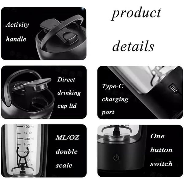 USB Genopladelig Elektrisk Shaker Vandflaske Bærbar Blender 620 ml Sort