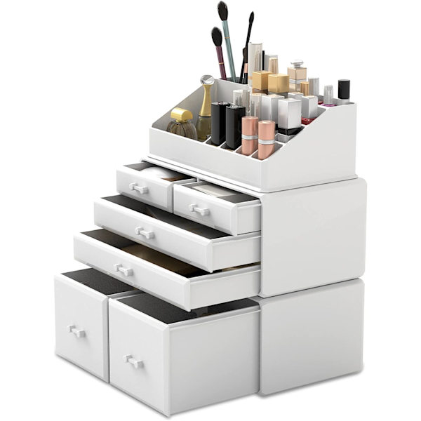 Makeup Kosmetik Organizer Opbevarings Skuffer Display Kasser Etui med 6 Skuffer, 3 Stykker, Frit Kombineret og Stablet. white