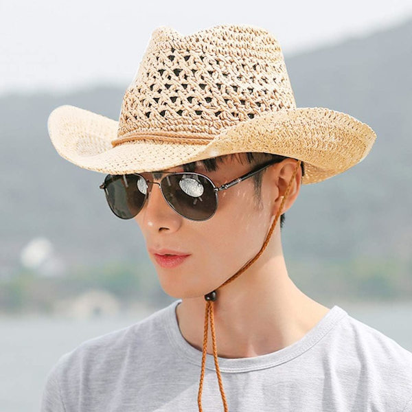 Herrar Väst Cowboyhatt Bredbrättad Halm Bucket Hat Sommar UV-Skydd Solhatt Vikbar Rulla Upp Panama Fedora Hatt Packbar Halm Strand Reshatt, beige