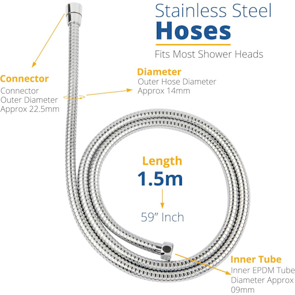 1,5 m (59”) Bruseslange | Rustfrit Stål Udskiftning Universal Pasform Bruseslange Anti-Kink Slange med 4 Skiver
