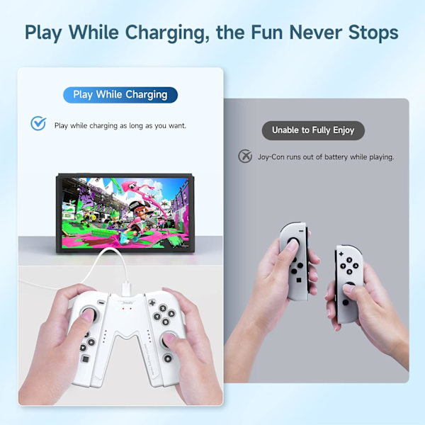 Latauskahva Nintendo Switch/OLED:lle, latausjoystick, mukava V-muotoinen peliohjain akun merkkivaloilla white