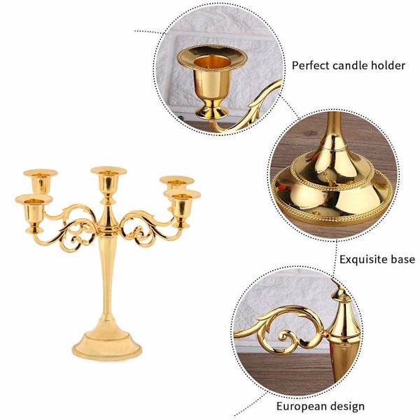 Ljusstake 5-armad ljusstake ljusstake ljusstake som bordsdekoration för jul och Thanksgiving (guld)