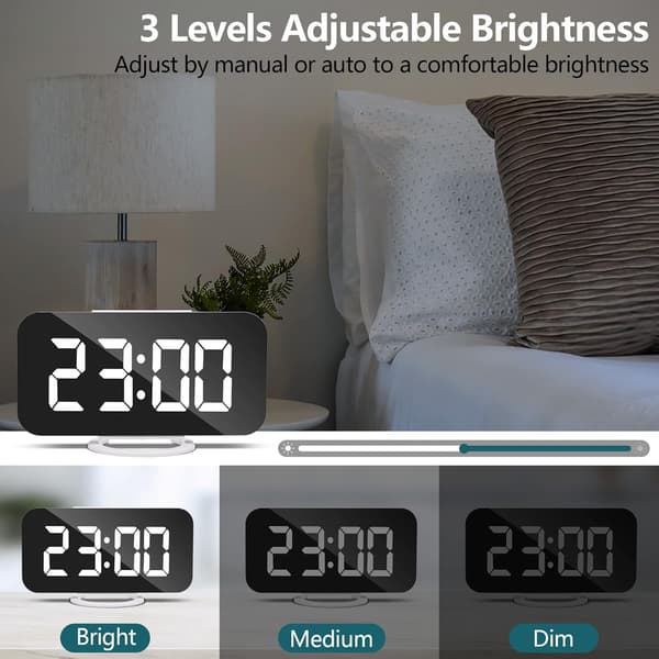 Digital väckarklocka, sängbordsväckarklocka, tyst väckarklocka, väckarklocka med dimbar LED-display, USB-väckarklocka för sovrum, vit