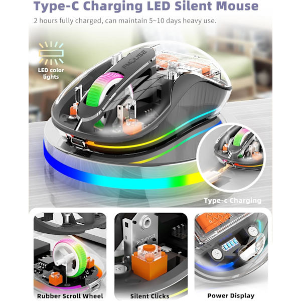 Trådløs Gaming Mus, T30 2.4G Trådløs Mus, Genopladelig RGB Lys, Gaming Mus med Justerbar DPI